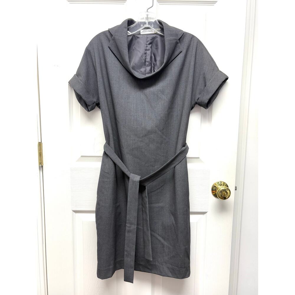 Calvin Klein Dress Gray Sheath Size 2 Belted Short Sleeve Cowl Neck Work Office